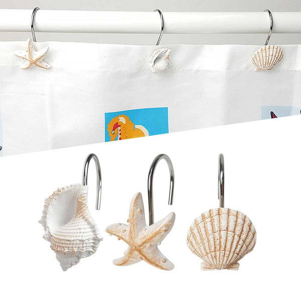 12Pcs/Box Stainless Steel Resin Bathroom Curtain Hook White Brown Starfish Shell Conch Mixed Pattern