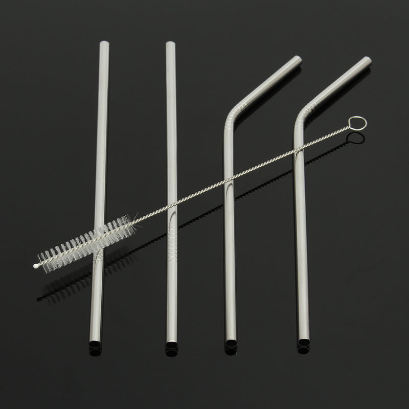 4Pcs Straw Set Reusable Straight Bent Stainless Steel Drinking Straws With Cleaning Cleaner Brush