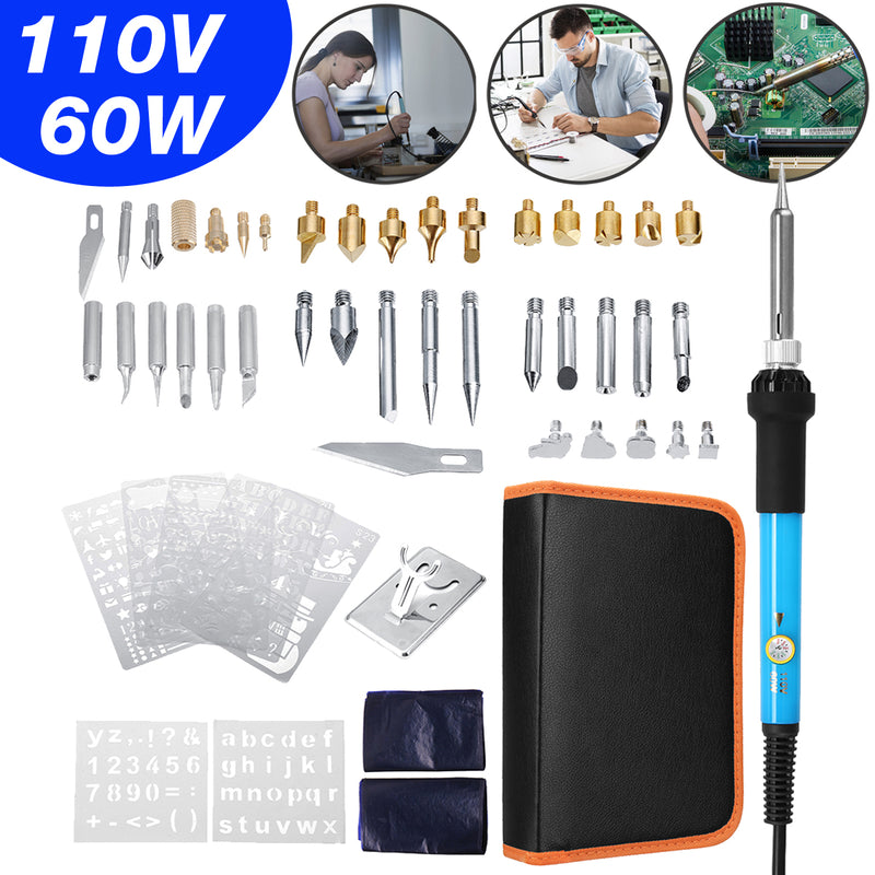 60PCS 60W Wood Burning Pen Set Tips Stencil Solder Iron Tools Pyrography Crafts Kit