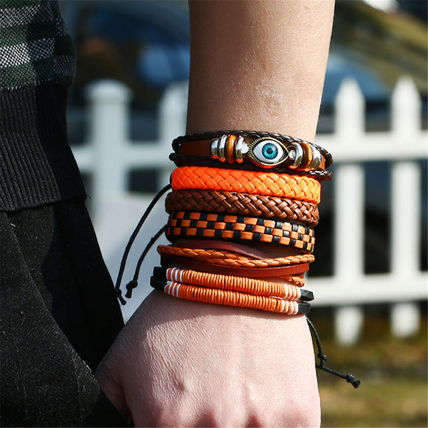 6 Pcs Vintage Bangle Bracelets Set Stretch Multi Row Leather Adjustable Multilayer Bracelet