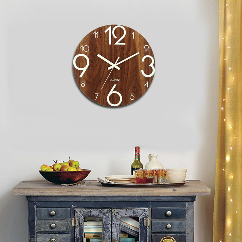 12" Luminous Wall Clock Quartz Wooden Silent Non Ticking Dark Home Room Decor