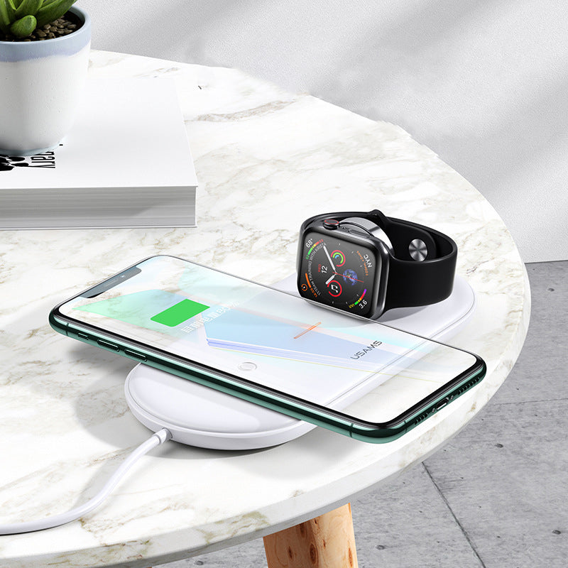USAMS US-CD119 Double Coils 10W Qi Wireless Charger Phone Charger Earphone Charger Watch Charger for Qi-enabled Smart Phones Apple AirPods Pro Apple Watch Series 1 2 3 4 5
