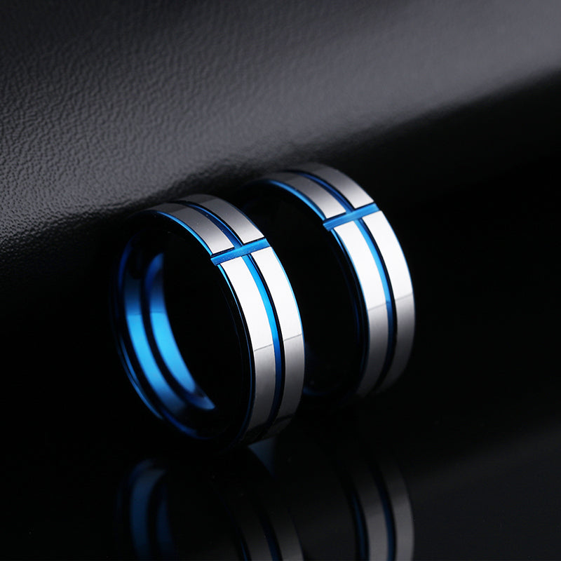 6mm Tungsten Steel Men Ring Blue Cross Simple Trendy Jewelry