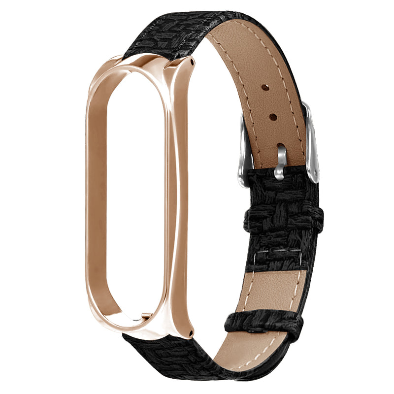 Metal Case Weave Texture Leather Watch Band Watch Strap Replacement for Xiaomi Miband 4