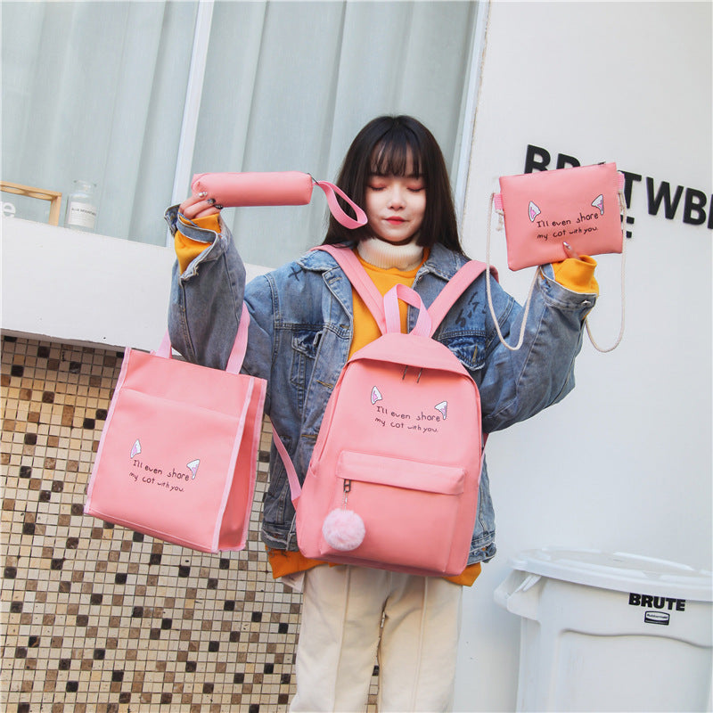 4 Pcs/Set Women Canvas Backpack Shoulder Bag Crossbody Bag Pencil Case Fashion Travel Laptop Bag Leisure Backpacks For Teenage Girls Cat Ear Letters Print School Bag