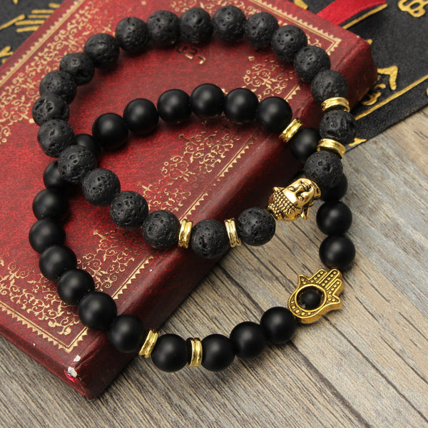 2Ppcs Natural Black Lava Stone Beaded Bracelet Handmade Unisex Bracelets Set