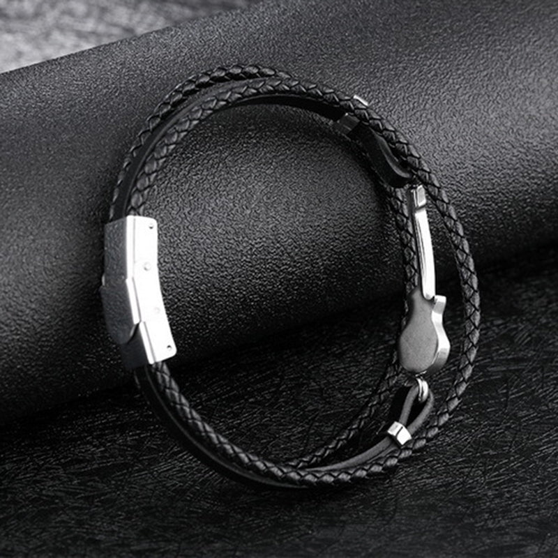 Creative Mini Guitar Men's Leather Multilayer Braided Titanium Steel Bracelet