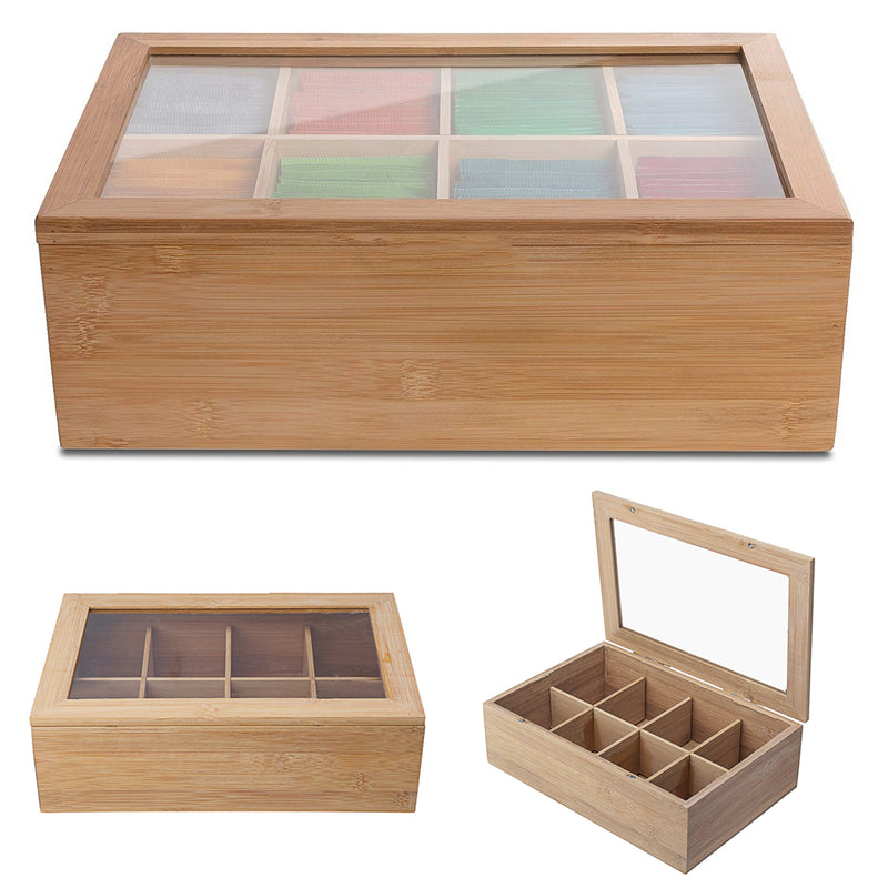 8 Compartments Wooden Tea Box Glass Top Lid Cover Container Teabags Display Storage Gift