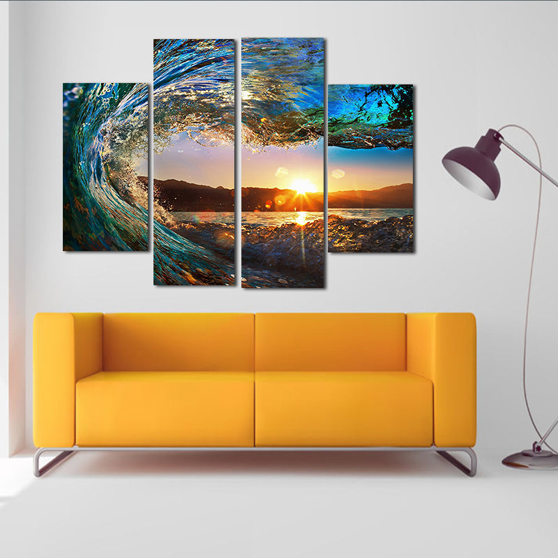 Miico Hand Painted Four Combination Decorative Paintings Wave Sunset Wall Art For Home Decoration