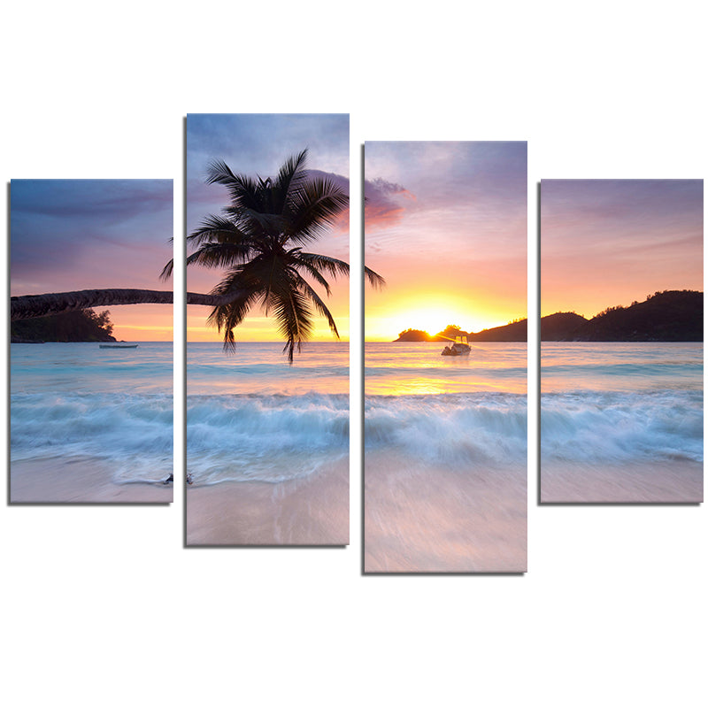 Miico Hand Painted Four Combination Decorative Paintings Seaside Coconut Tree Wall Art For Home Decoration