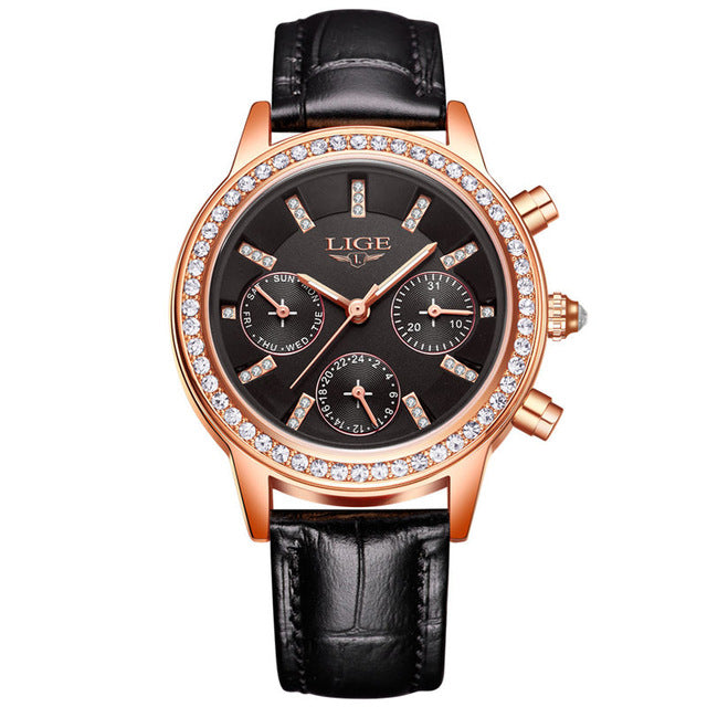LIGE 9812 Elegant Design Date Display Ladies Wrist Watch Diamonds Leather Band Quartz Watches
