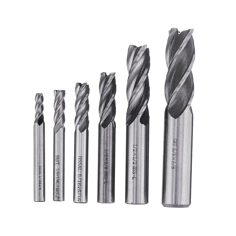 6pcs 3/16-5/8 Inch Imperial Milling Cutter Set High Speed Steel CNC Milling Bit Spiral End Mill Cutter