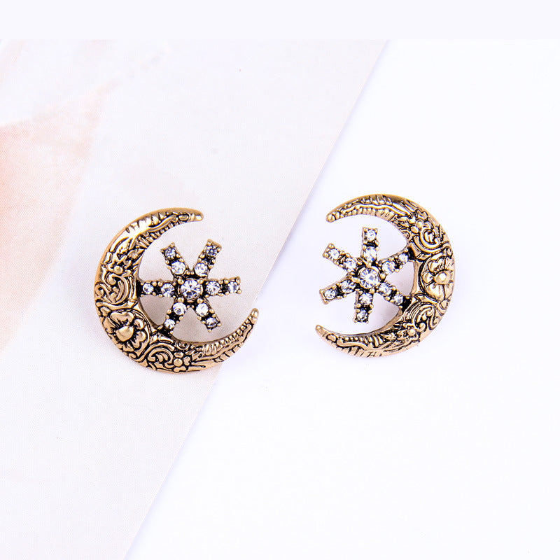 Star-Studded Moon Flower Embossed Earrings Female Retro Style
