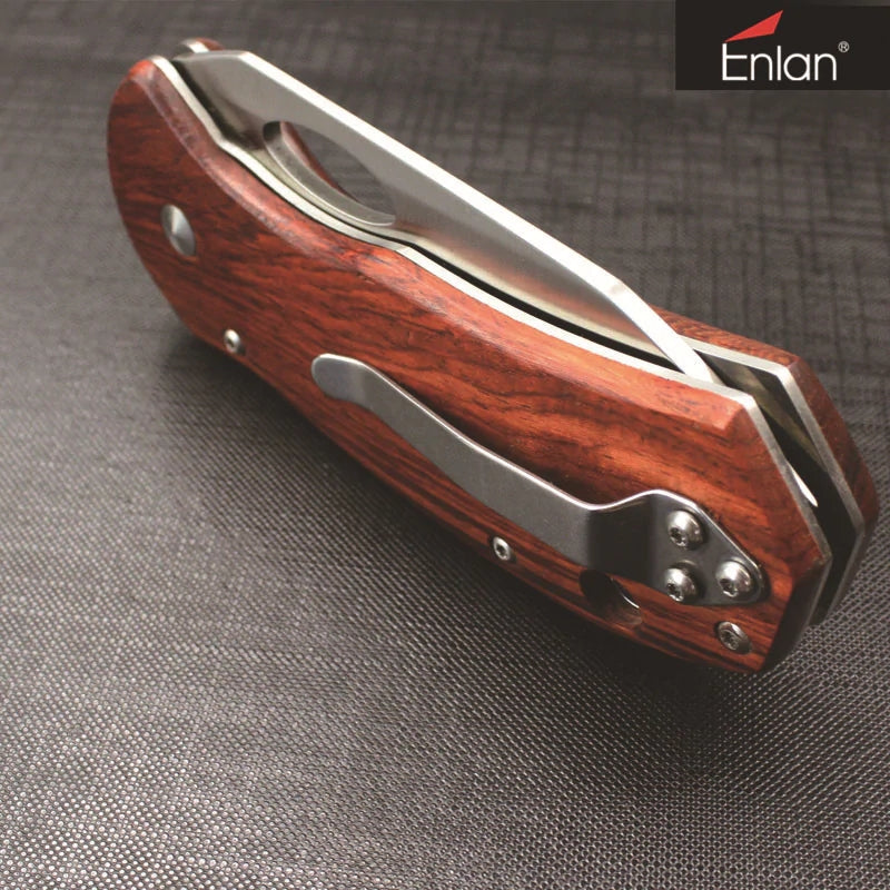 Enlan EL-05 Folding Pocket Knife with 8Cr13Mov Blade Wood Handle Liner Lock Stainless Steel Knife Home Cutter