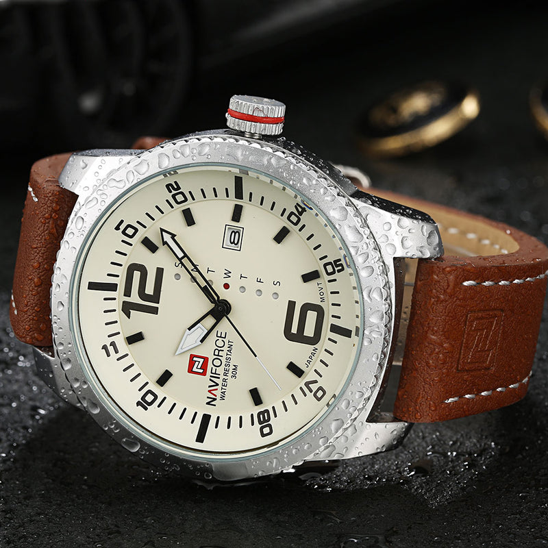NAVIFORCE 9063 Simple Design Men Wrist Watch Date Display Leather Strap Quartz Watches