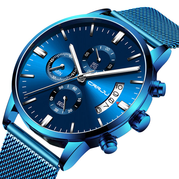 CRRJU 2273 Men Fashion Blue Dial Full Mesh Steel Strap Sport Clock Waterproof Quartz Watch