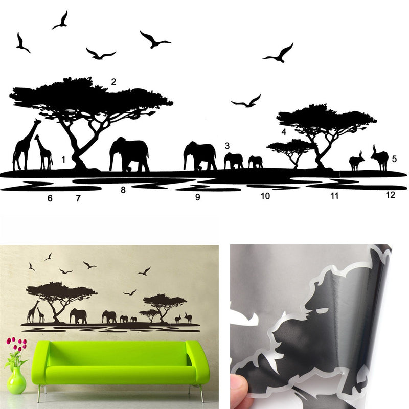 African Elephant Animals Wall Stickers Black Mural Home Decal Removable Art Vinyl Room Decor DIY
