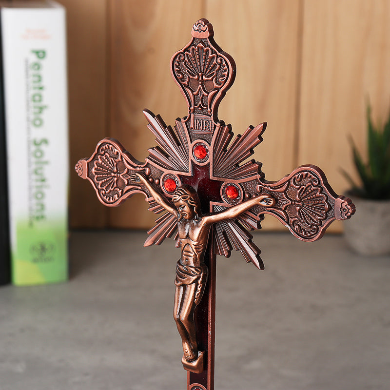Antique Red Copper INRI Catholic Altar Standing Religious Crucifix With Base 10 inch Decorations