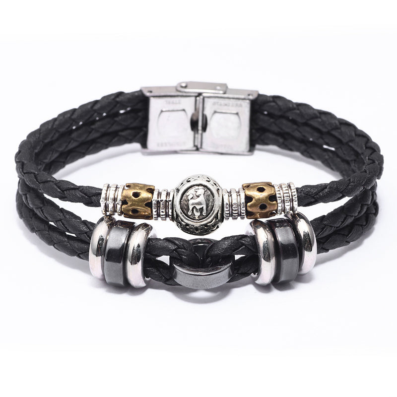 12 Constellation Stainless Steel Buckle Cowhide Leather Rope Woven Men's Bracelet