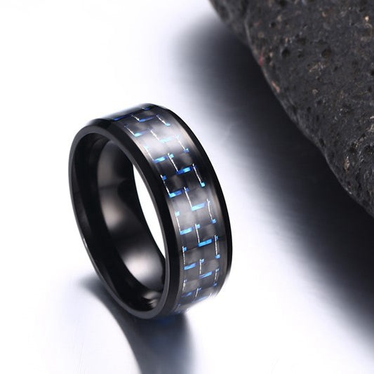 8mm Stainless Steel Carbon Fiber Polished Men Ring Simple Trendy