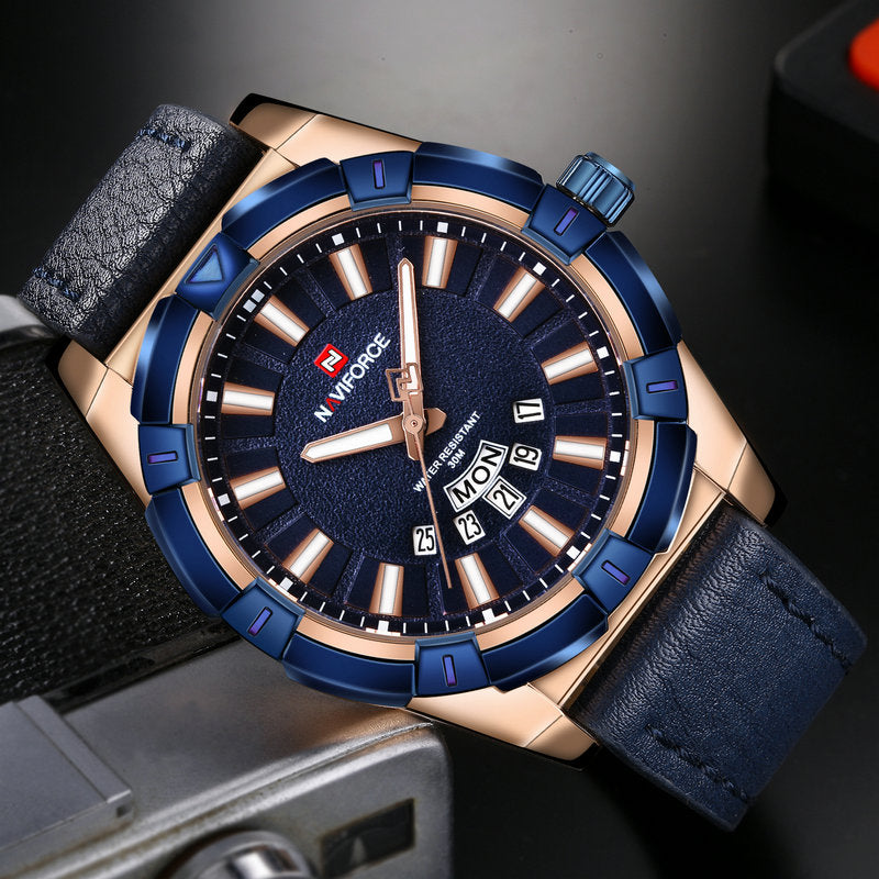 NAVIFORCE 9118 Waterproof Calendar Men Wrist Watch Casual Leather Strap Quartz Watches