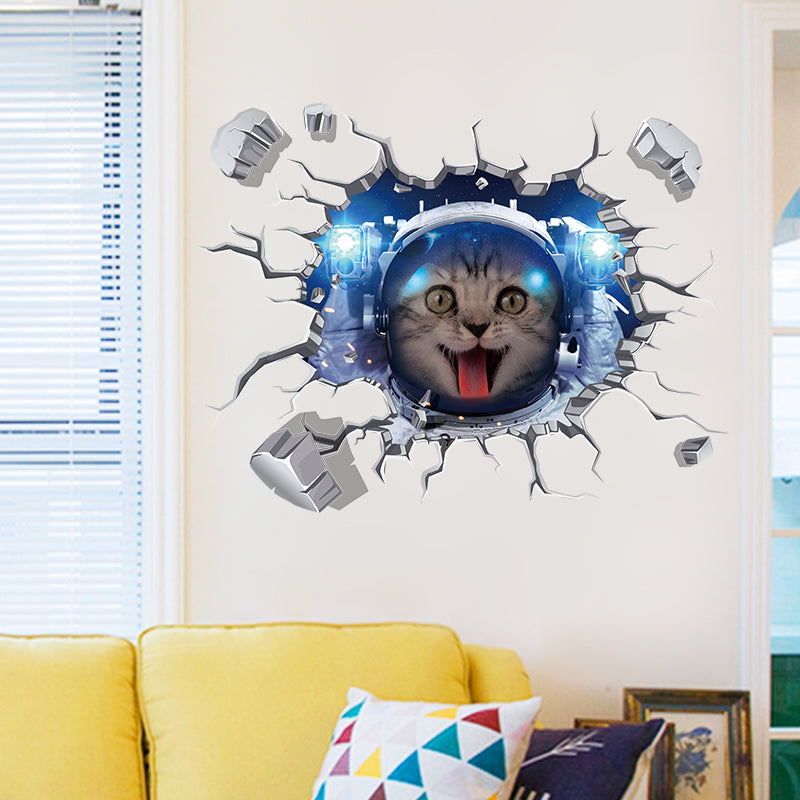 Miico Creative 3D Space Astronaut Cat Broken Wall PVC Removable Home Room Decor Sticker