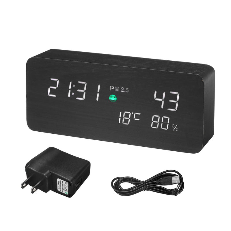 Wooden LED PM2.5 Air Detector Digital Alarm Clock Calendar Temperature Humidity Air Quality Tester