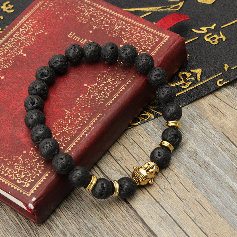 2Ppcs Natural Black Lava Stone Beaded Bracelet Handmade Unisex Bracelets Set