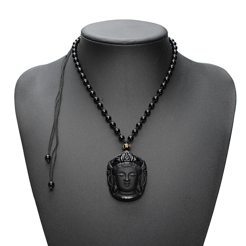 Natural Black Obsidian Kwan-yin Pendant Charm Necklace Lucky Jewelry Collocation Clothing