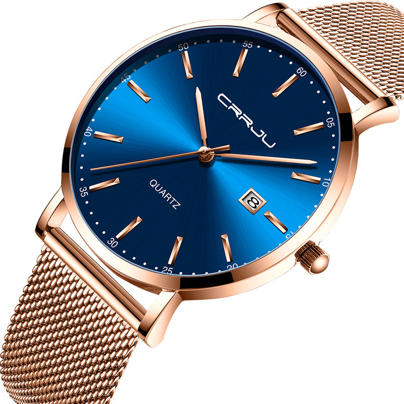 CRRJU 2161 Business Style Date Display Luxury Blue Dial Full Steel Strap Men Quartz Watch