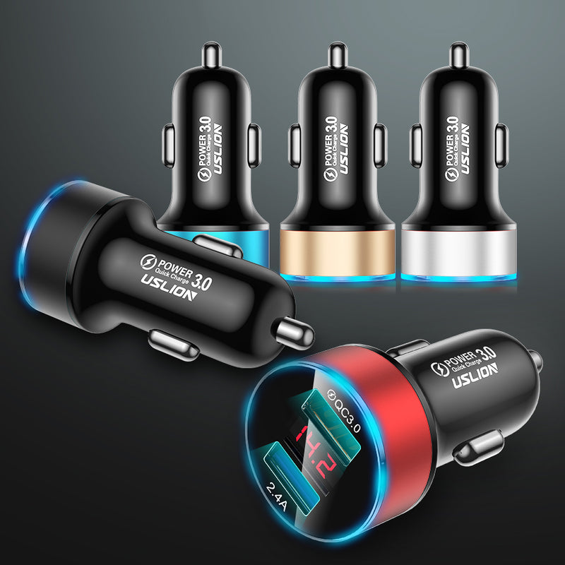 USLION QC 3.0 LED Display Universal Dual USB 24V 3A Quick Fast Charging Metal Car Charger Adapter for iPhone11 for Samsung S10+ Xiaomi Redmi Note8 Tablet