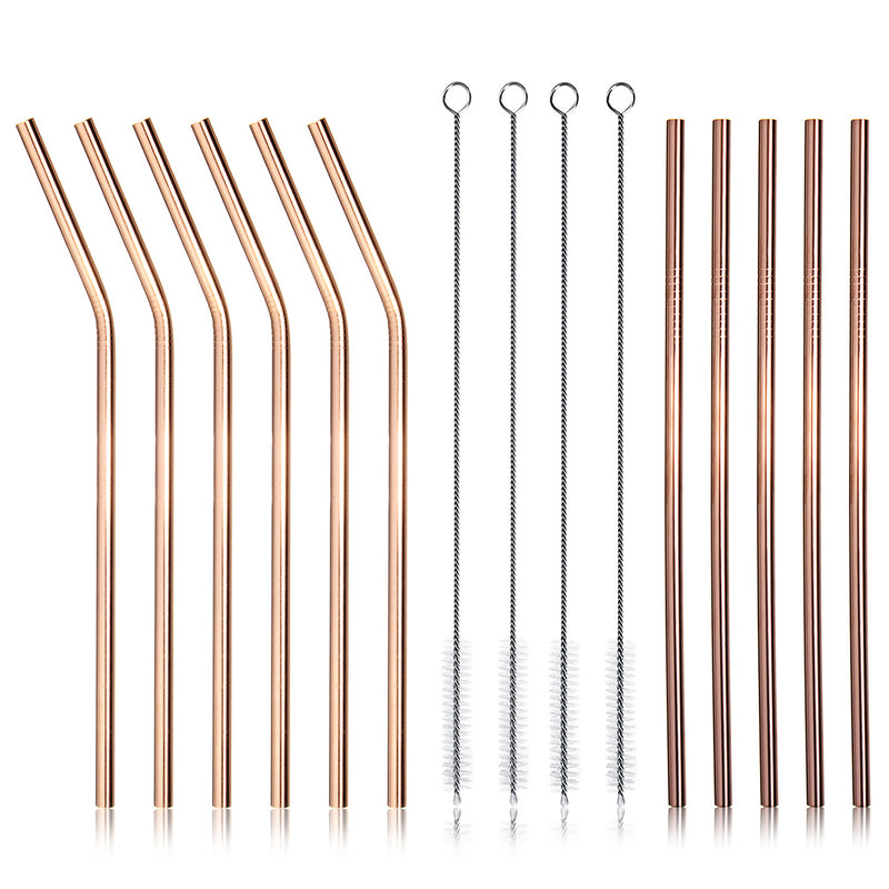 7pcs Stainless Steel Rose Gold Curved Straw / Straight Straw + Brush Reusable