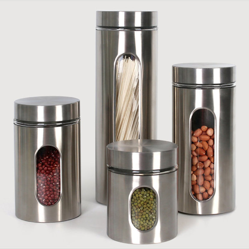 Stainless Steel Storage Jar Tea Coffee Sugar Kitchen Glass Canister Container Kitchen Storage Container