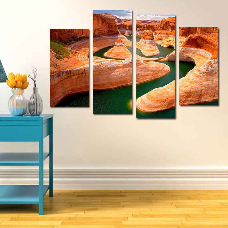 Miico Hand Painted Four Combination Decorative Paintings Canyon River Wall Art For Home Decoration