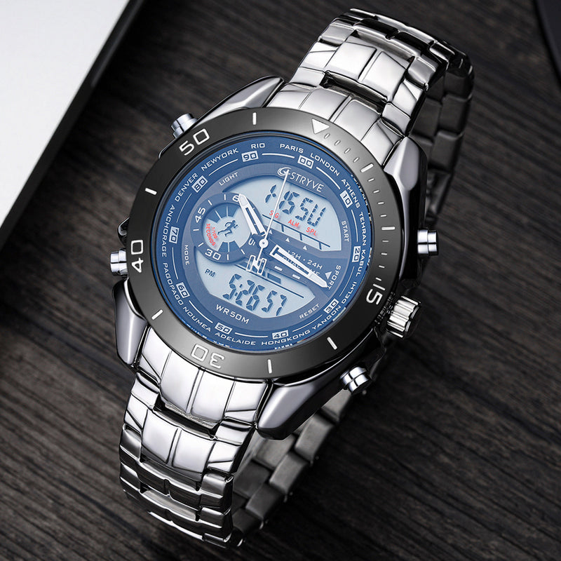 STRYVE S8019 Men Luminoud Display Alarm Clock Chronograph Sport Steel Strap Dual Display Digital Watch