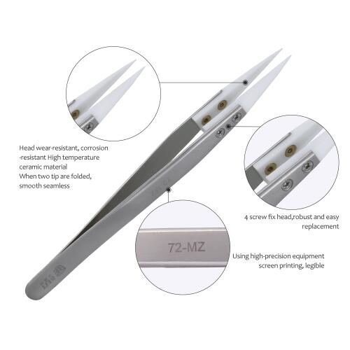 BEST BST-72-MZ Anti-acid Ceramic Stainless Steel Tweezer Fine Pointed Tips With Heat Resistance