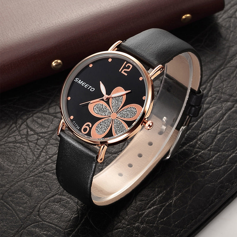 SMEETO C1734 Women Quartz Watch Fashion Flower Patten Simple Dial Leather Strap Wristwatch