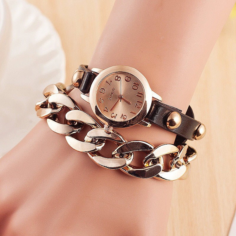 Fashion Women Winding Bracelet Watch Leather Band Ladies Dress Quartz Watch