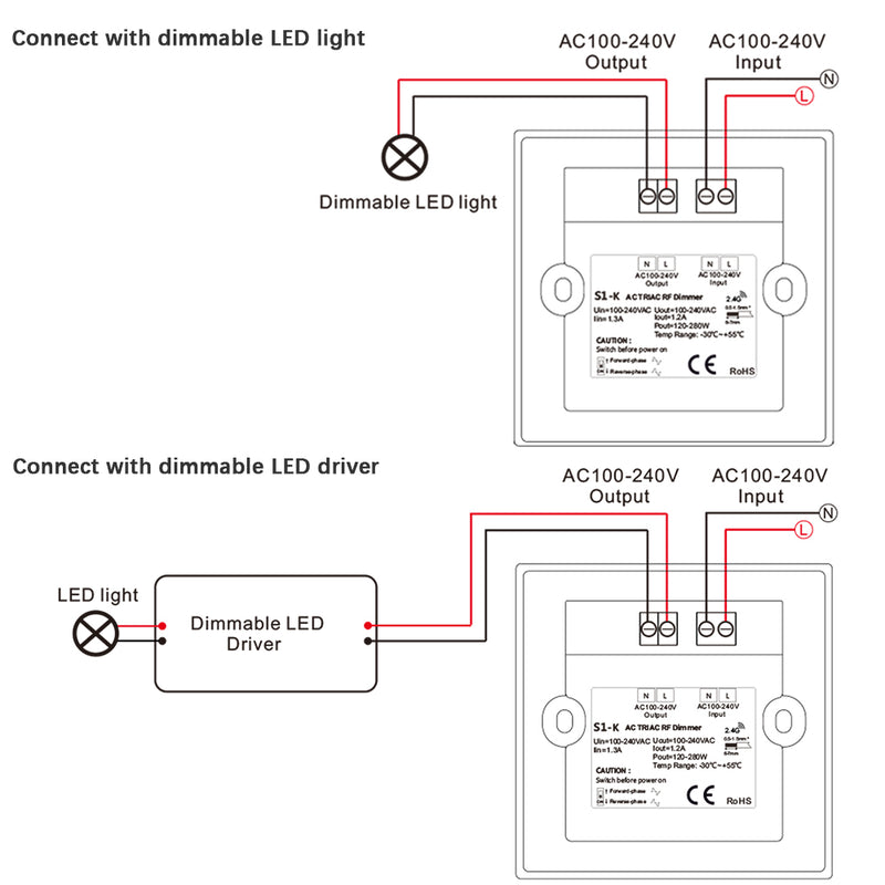 LUSTREON AC100-240V 1CH Wall Mount Rotary Panel Manual Triac LED Dimmer Controller Switch