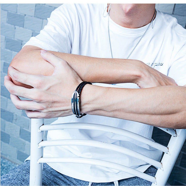 Titanium Steel Men's Feather Multi-layer Stainless Steel Braided Leather Bracelet