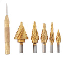 Drillpro 6pcs 1/8 to 1-3/8 Inch Upgrade Step Drill Titanium Spiral Grooved Step Drill Bit Set with Automatic Center Punch and Aluminum Case