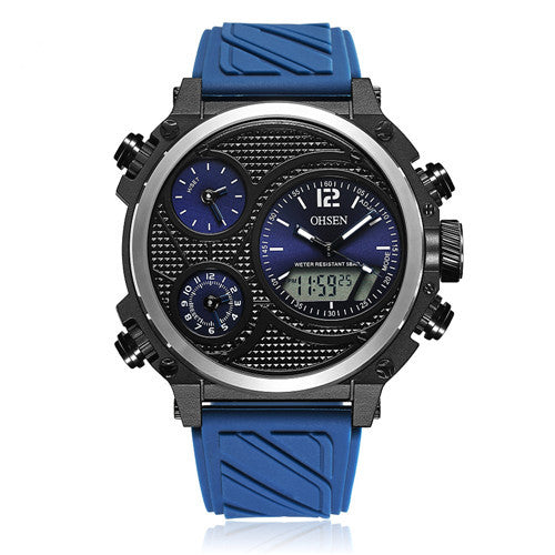 OHSEN AD1801 Unique Design Three Time Zones LED Military Style Dual Display Watch Digital Watch
