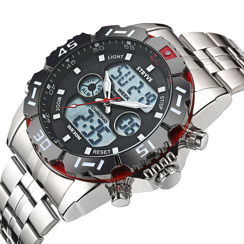 STRYVE S8011 Chronograph Alarm Calendar Stainless Steel Sport Dual Display Digital Watch