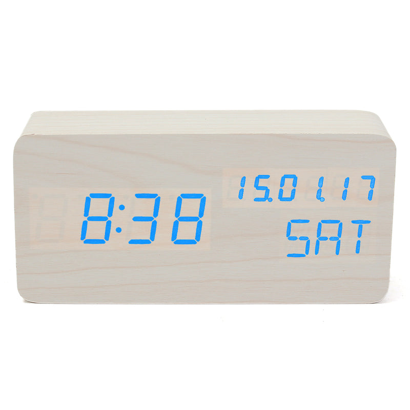 Wooden LED Digital Alarm Clock Dual Voice Control Calendar Thermometer