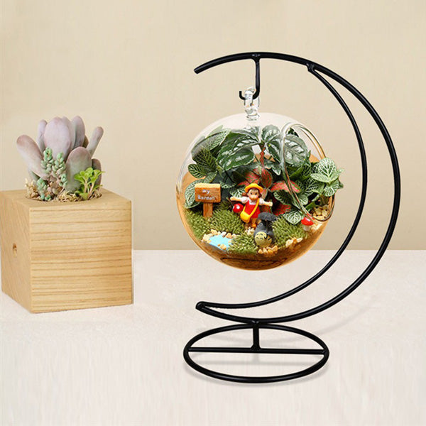 Micro Landscape Moon Shape Iron Holder Suspension Glass Vase Black Rack