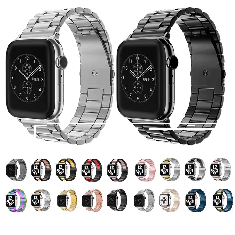 Fold Buckle 3 Beads Stainless Steel Watch Band For Apple Watch Ultra 49mm / Series 8&7 45mm / SE 2&6&SE&5&4 44mm / 3&2&1 42mm(Black Gold)