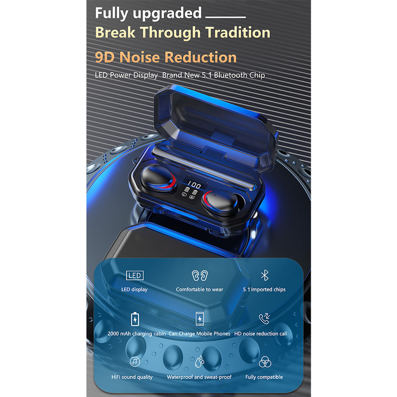 Portable TWS Wireless Earbuds With Charging Case Bluetooth 5.1 IPX7 Waterproof