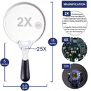 2X 4X 25X Magnifying Glass 5.5" Extra Large Handheld 3 LED Durable New Hot