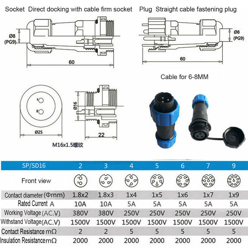 1 Set 3 Pin Wiring Waterproof Connector IP68 Circular Air Plug Socket SP16 New