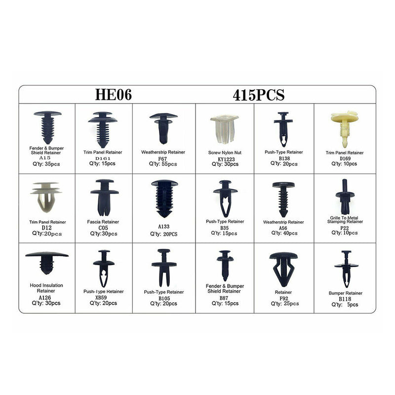 415pcs Plastic Push Pin Rivets Fasteners Fender Bumper Clips & Screwdriver Piler